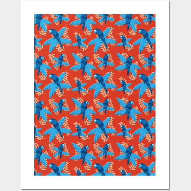 Blue Tropical Bird Pattern on Red Wall Art by EnchantedCasesAndPillows